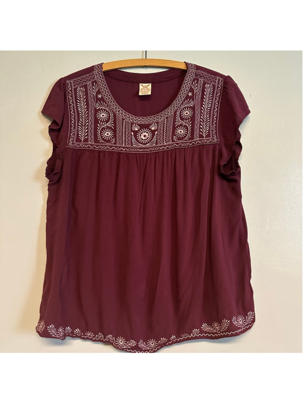 Faded Glory Burgundy Embroidered Blouse Women’s Size XL Boho